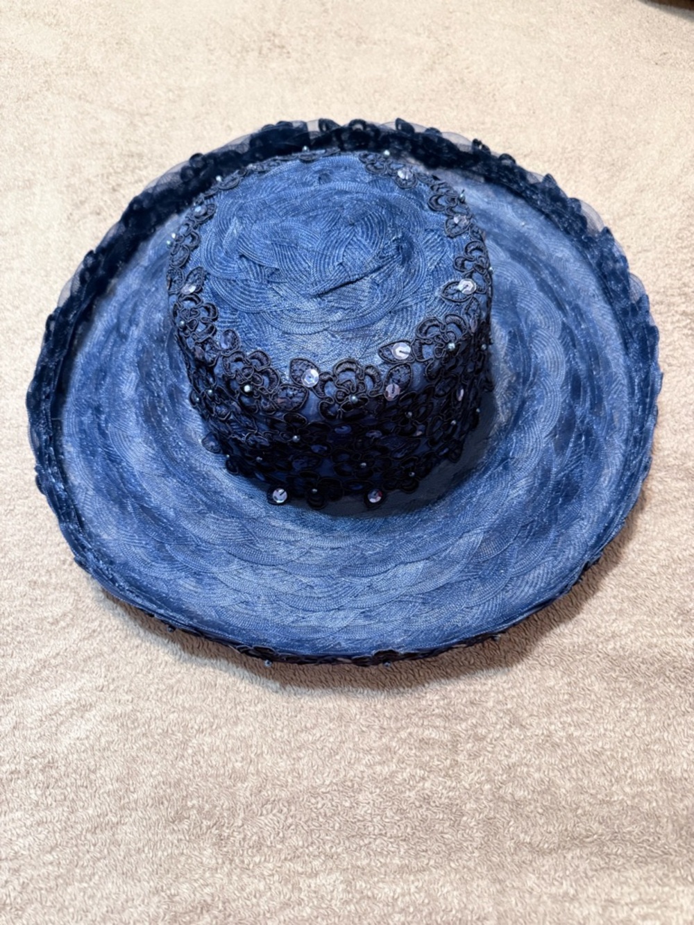 Elegant Navy Wide-Brim Dress Hat with Sequin Lace Trim